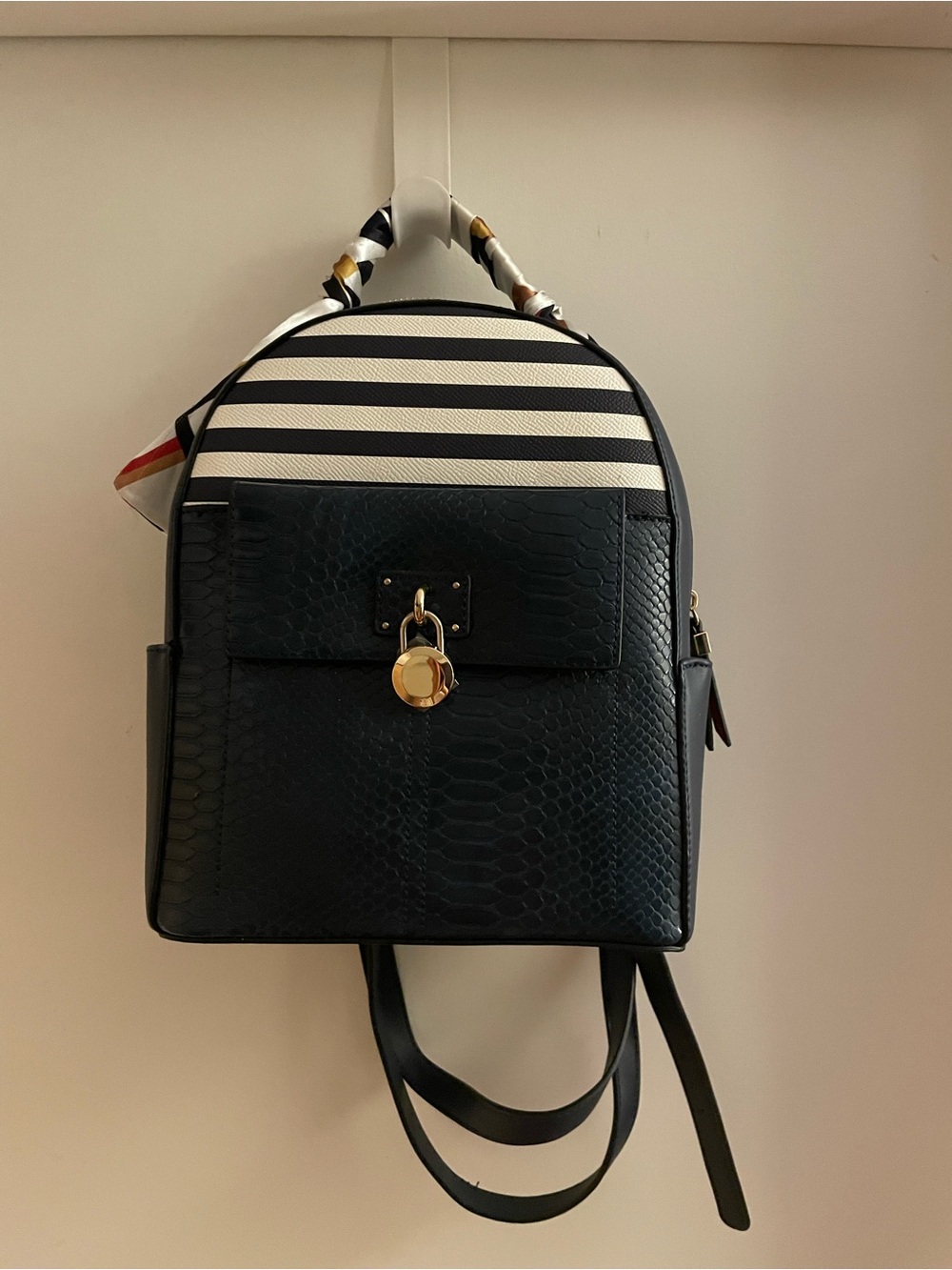 Black & White Striped Women's Backpack with Gold Accent